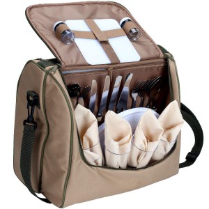 Picknickset als Tasche in Braun/Besch mit Besteck und Servietten