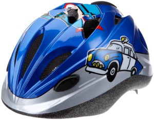blauer Fahrradhelm für Jungen mit Autos als Motiv