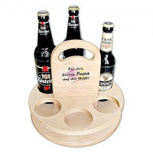 Bierträger aus Holz mit der Aufschrift: Für den besten Papa auf der Welt!. Mit dem Bierträger können sechs Flaschen getragen werden.