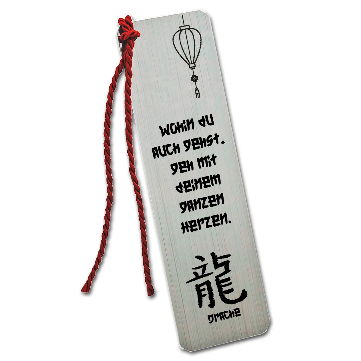 Lesezeichen mit chinesischem Sternzeichen und Wunschtext bedruckt in Silber gebürstet