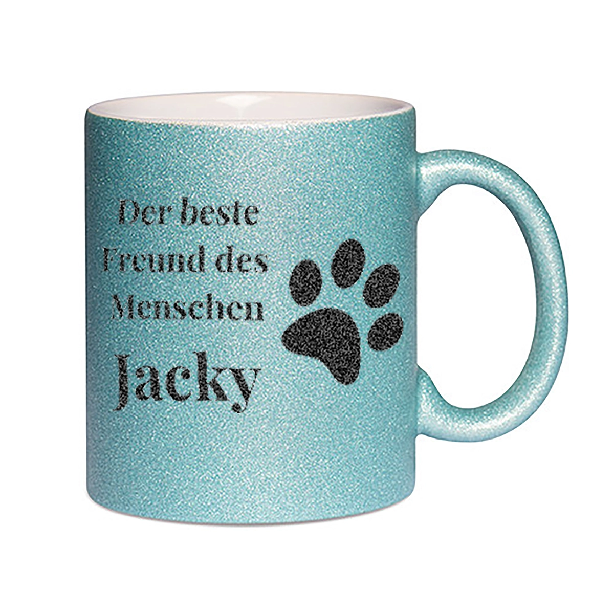 Glitzertasse mit Spruch und Name für Haustierbesitzer in Hellblau