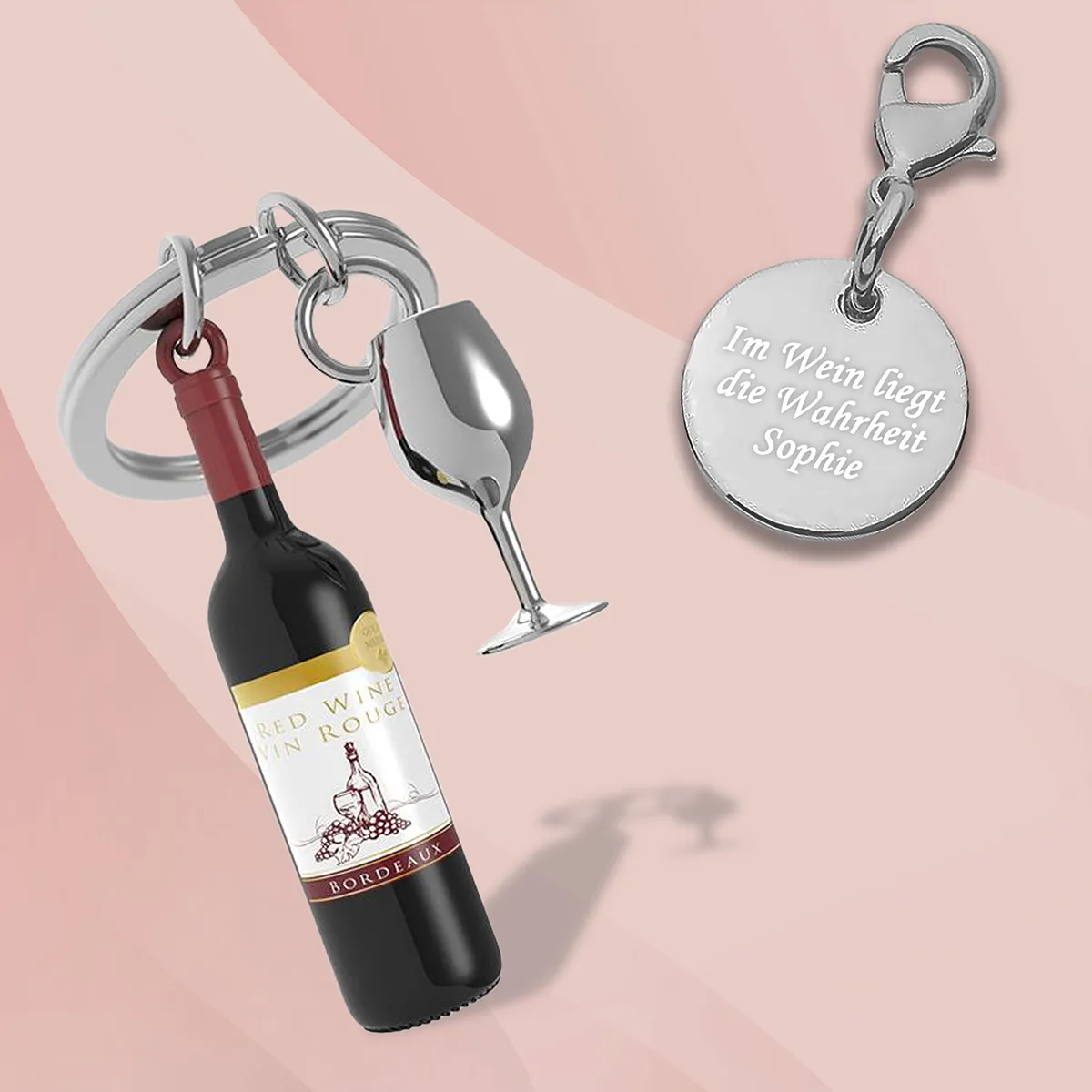 Gravierter Schlüsselanhänger mit Rotweinflasche
