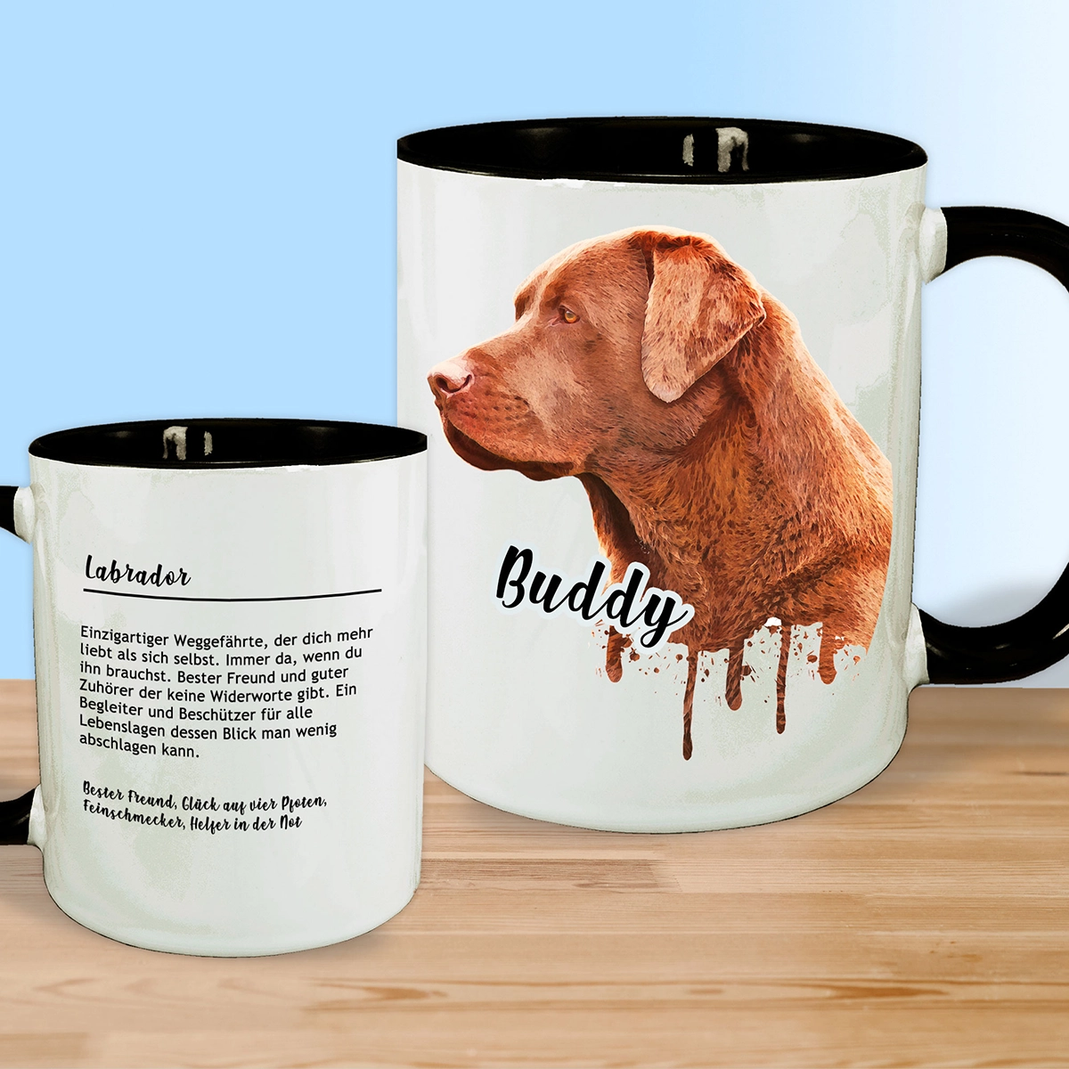 Kaffeebecher mit Labrador Portrait in Aquarell-Design personalisiert