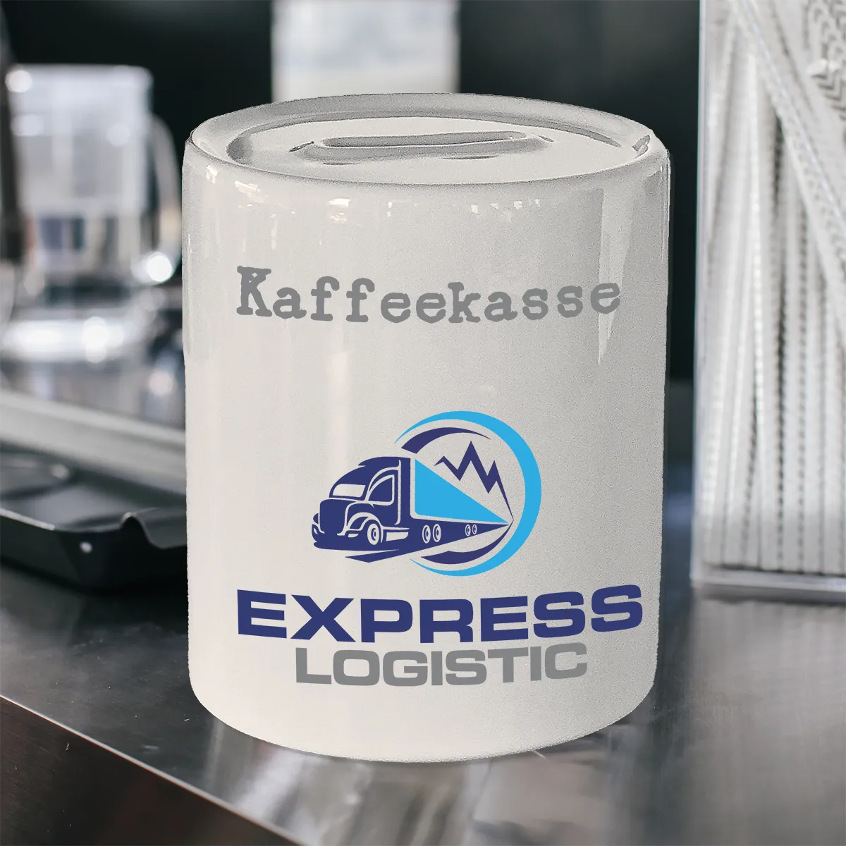 Spardose bedruckt mit Logo und Text als Kaffeekasse