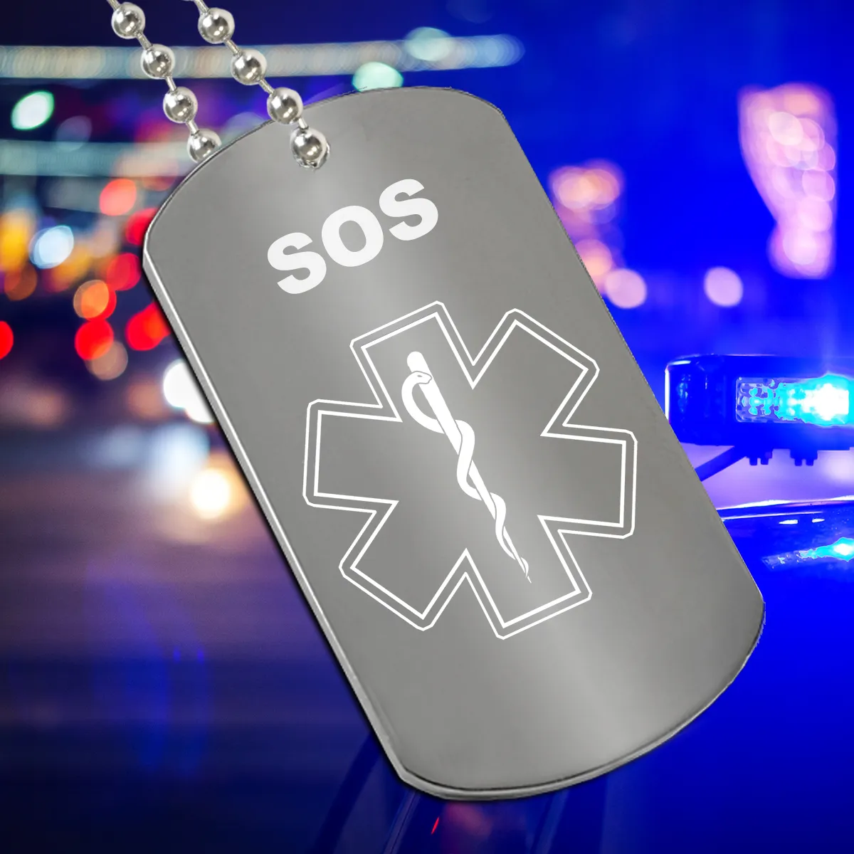 SOS Anhänger Dogtag XXL Größe graviert mit medizinischem Symbol und deinen Daten in Grau
