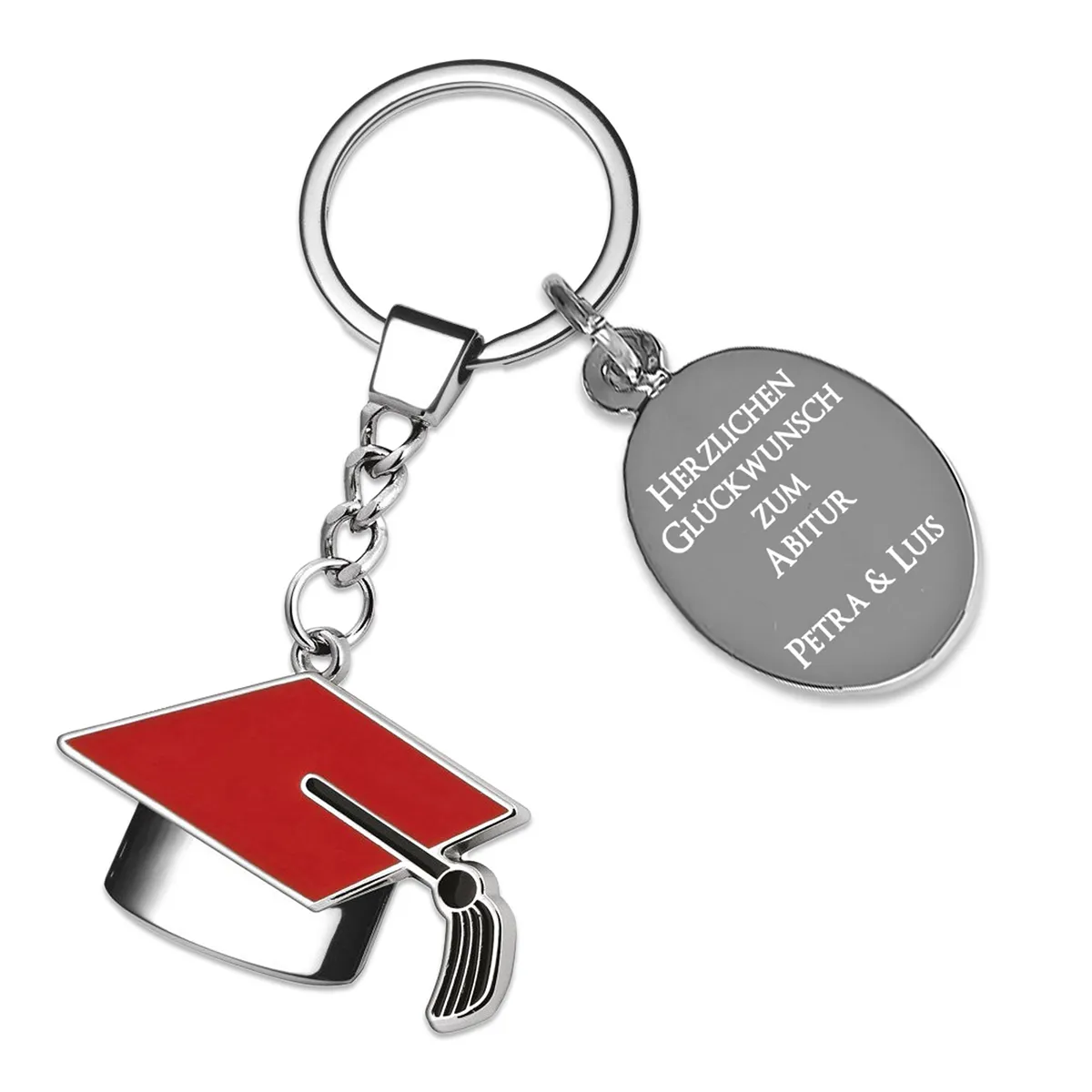 Roter Diplomhut Schlüsselanhänger mit Gravurplatte