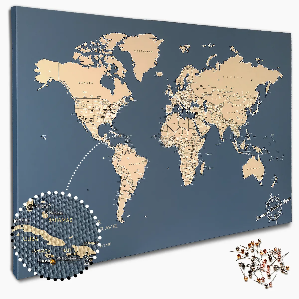 Weltkarte Pinnwand mit Stecknadeln und Detailanzeige