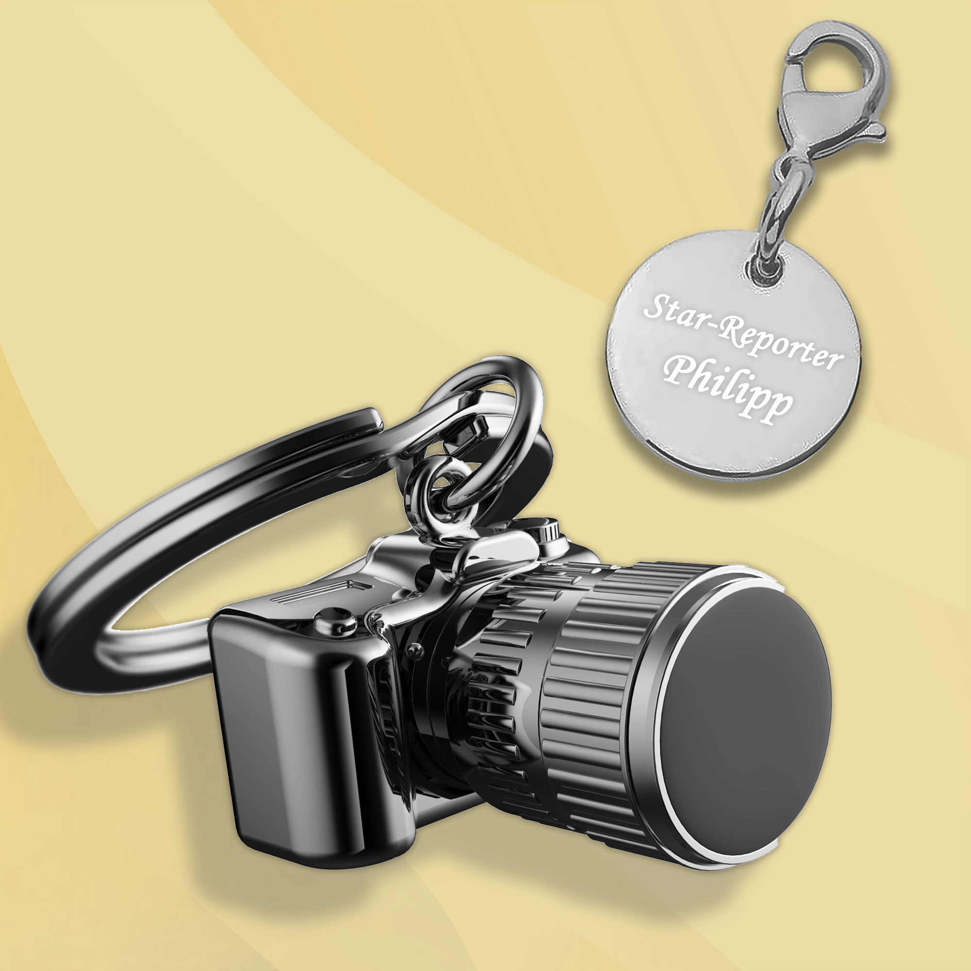 Kamera Schlüsselanhänger mit Namen und Text personalisiert
