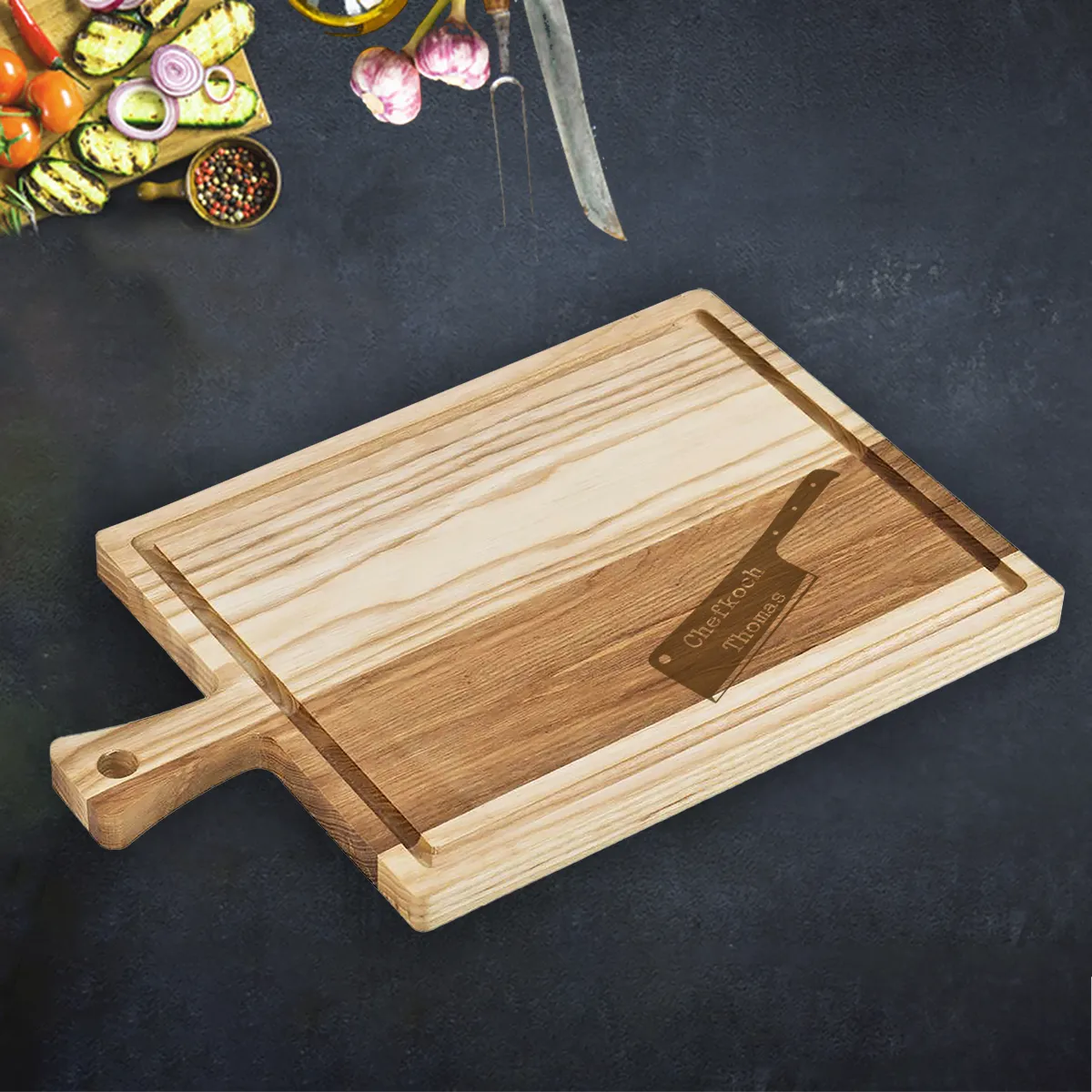 Holz Schneidebrett mit Gravur - Motiv Chefkoch Messer