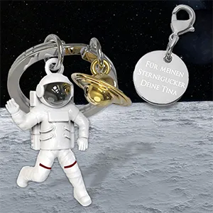 Schlüsselanhänger mit Astronaut Figur und Gravur  Footer Teaser
