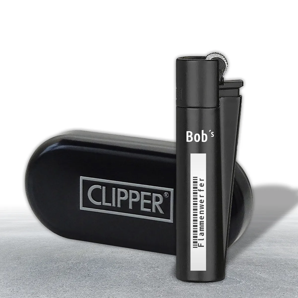 Clipper Feuerzeug matt schwarz personalisiert mit Metallbox