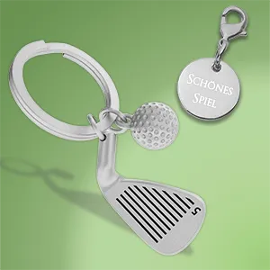 Schlüsselanhänger mit Golfball und Golfschläger mit Textgravur für Sportfans  Header Teaserbild